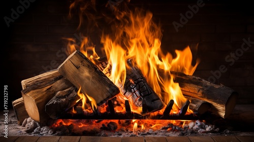 Close up of a modern fireplace with burning firewood creating a warm and cozy atmosphere
