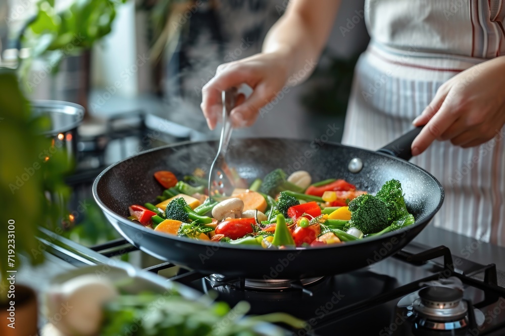 Woman cooking vegetables on a frying pan on electric stove Woman cooking vegetables on a frying pan on electric stove