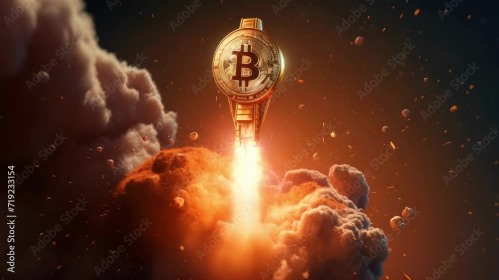 Bitcoin, a cryptocurrency, blasts off on a rocket into space towards the moon, symbolizing its potential for explosive growth and value