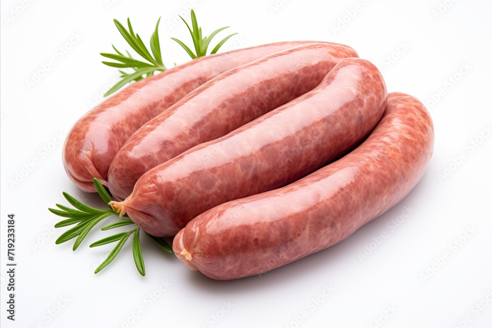 Delectable variety of sausages on white background for culinary artwork and food related projects Delectable variety of sausages on white background for culinary artwork and food related projects