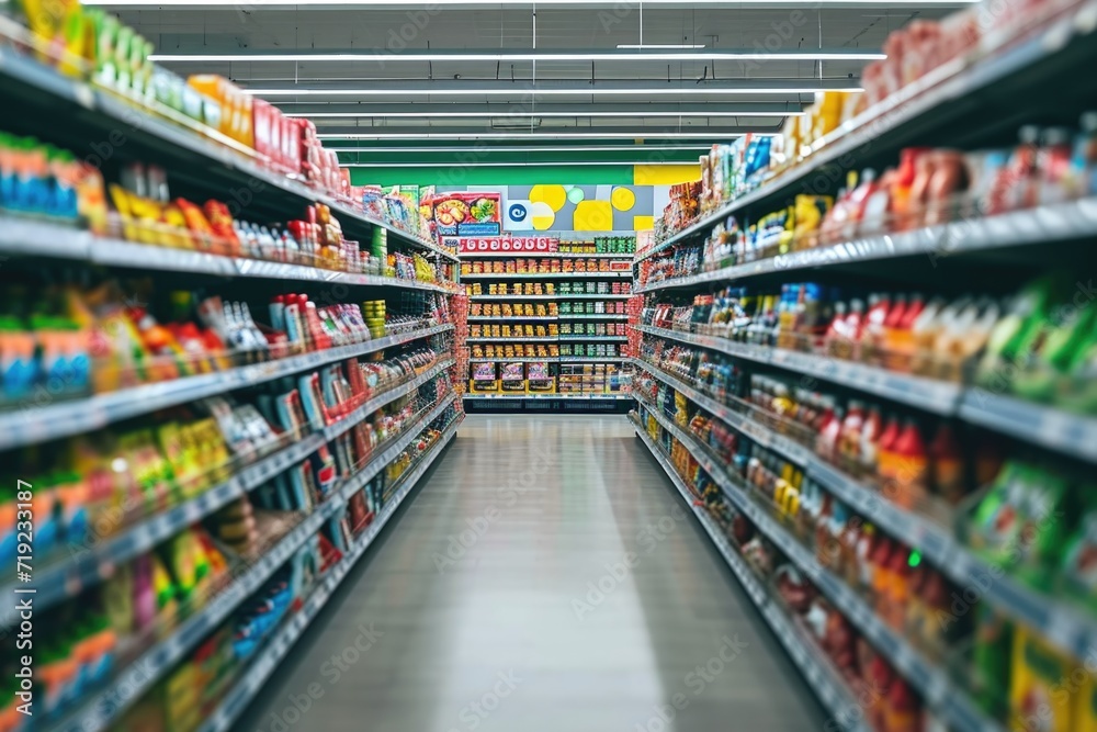 Interior of a supermarket with shelves filled with groceries