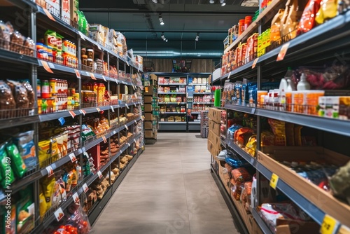 Interior of a supermarket with shelves filled with groceries © Baba Images