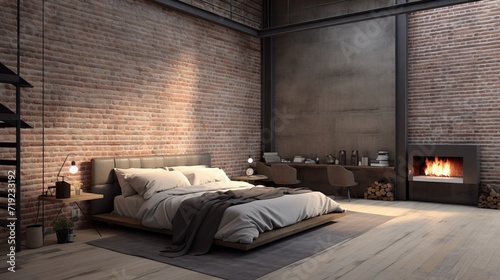 Inviting loft bedroom with brick wall, cozy fireplace, and comfortable bed with pillow and coverlet photo