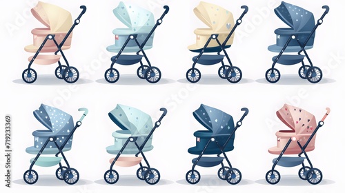 modern set collection of baby stroller pushchair carriage on wheels for babies or children newborn essential care gear in different stylish designs, cutout on isolated transparent png background photo