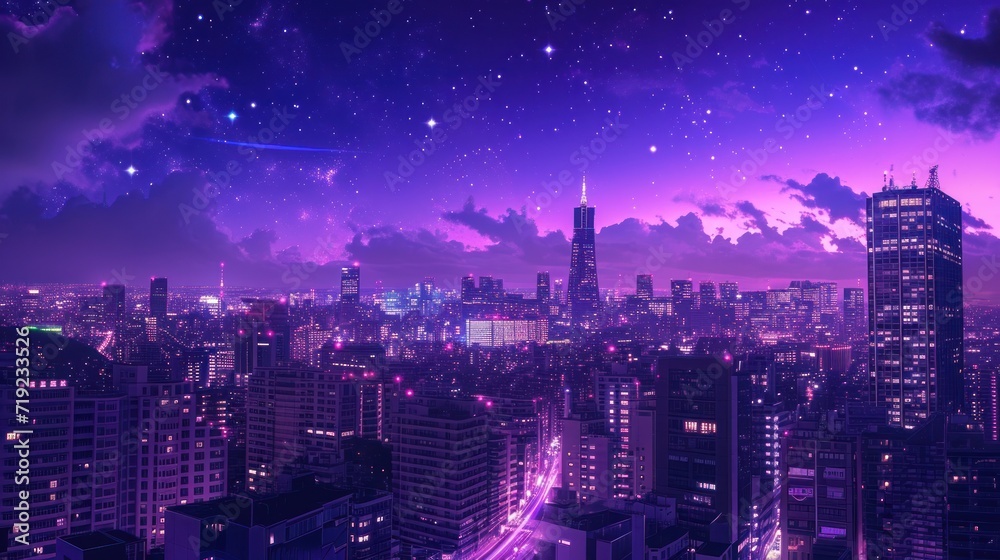 Obraz premium Night cityscape in purple shades, in mango and anime style.