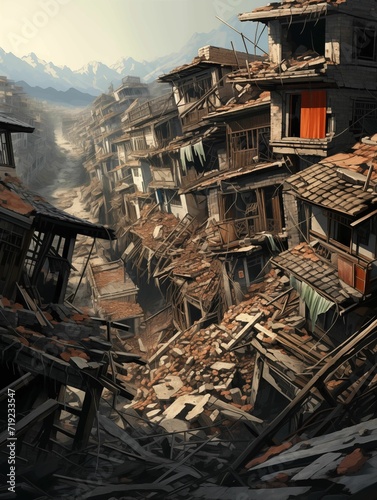 Houses Go Down by Earthquake. Generative AI photo