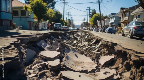 Street Cracked by an Earthquake. Generative AI photo