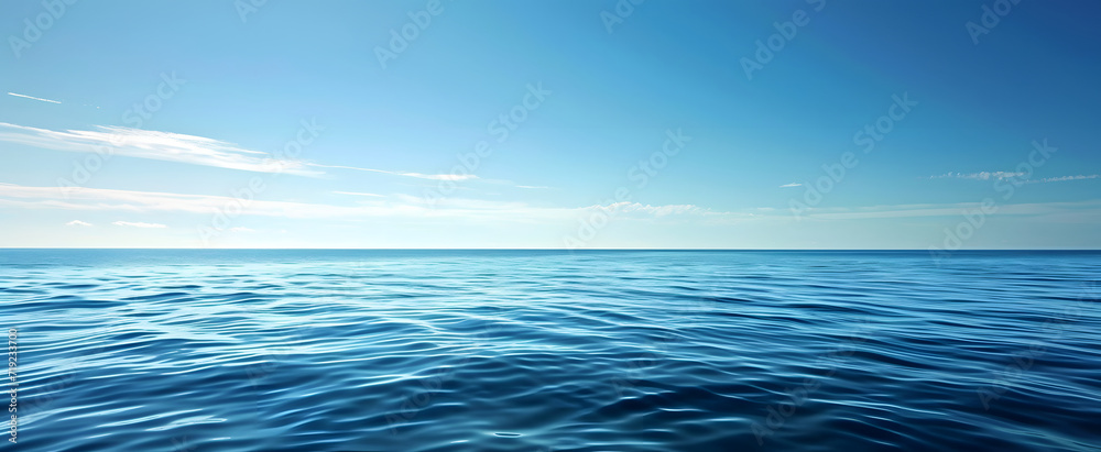 Obraz premium Deep blue ocean waves panorama with sun reflection, clear sky.