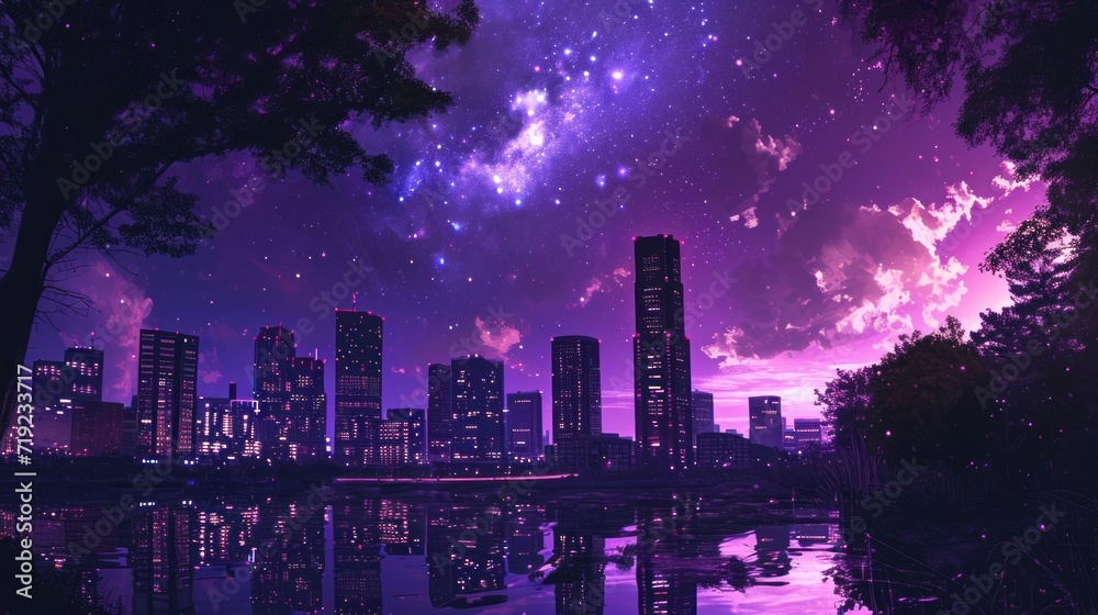 Night cityscape in purple shades, in mango and anime style. Night cityscape in purple shades, in mango and anime style.