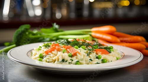Delicious risotto with spring carrots and leeks in white plate for gourmet dining experience