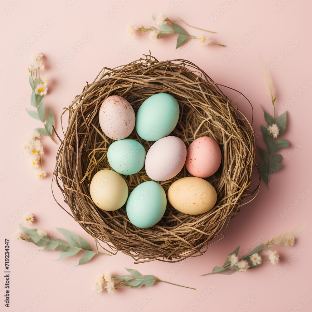 Colorful Easter eggs in a straw basket. Pastel colored background. Colorful Easter eggs in a straw basket. Pastel colored background.