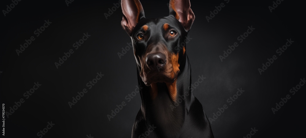 Happy Regal Doberman Pinscher with ebony background Happy Regal Doberman Pinscher with ebony background