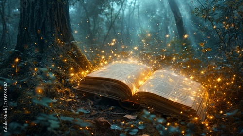 Enchanted book in a magical forest with whimsical fairy lights
