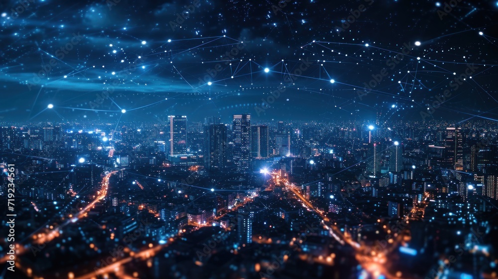 Night city background, world with digital technology network, internet and communication, advanced business and global communication technologies.