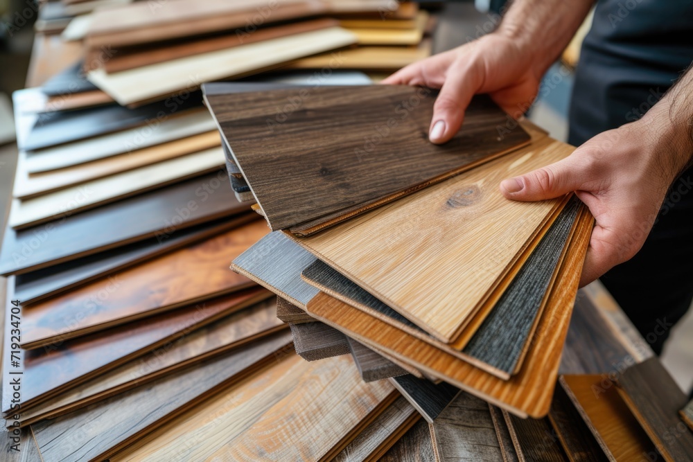 Man selecting laminate wood samples in a hardware store - obrazy, fototapety, plakaty 