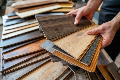 Man selecting laminate wood samples in a hardware store photo