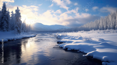 impressive epic realistic winter scenery showing a wide river