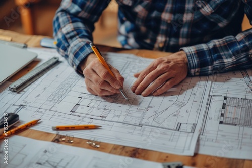 Architect reviewing blueprints with pencil and ruler on desk photo