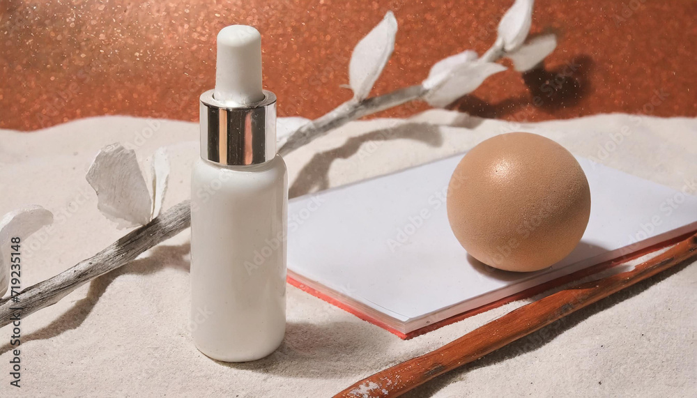 Unlabeled cosmetic bottle, a dry branch, a wooden ball, and a notebook on a sand background. Concept of natural cosmetics for skin. Product Photography mockup Unlabeled cosmetic bottle, a dry branch, a wooden ball, and a notebook on a sand background. Concept of natural cosmetics for skin. Product Photography mockup