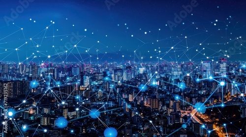 Night city background, world with digital technology network, internet and communication, advanced business and global communication technologies.