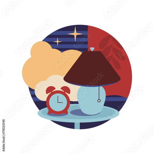 The logo Lamp and clock in a dark room icon. Graphic element