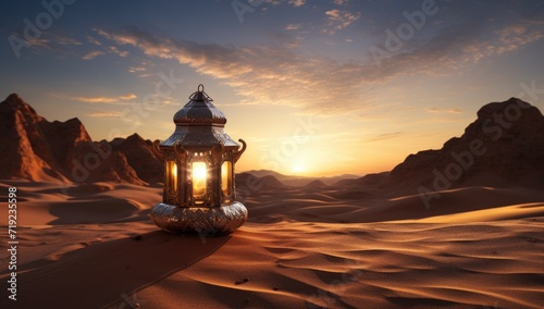 Ramadan Lantern Islamic Ornament Blurry Bokeh Sea Sand Background