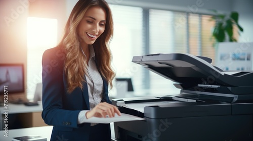 Smiling woman working in office with printer. Office worker prints paper on multifunction laser printer. Secretary work. Copy, print, scan, and fax machine