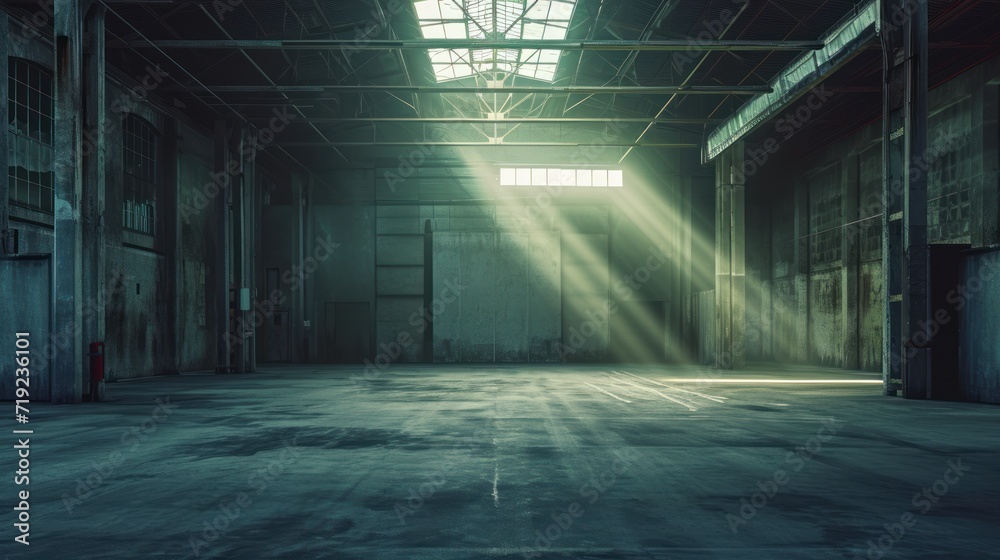 Obraz premium Empty warehouse with glimpses of daylight.