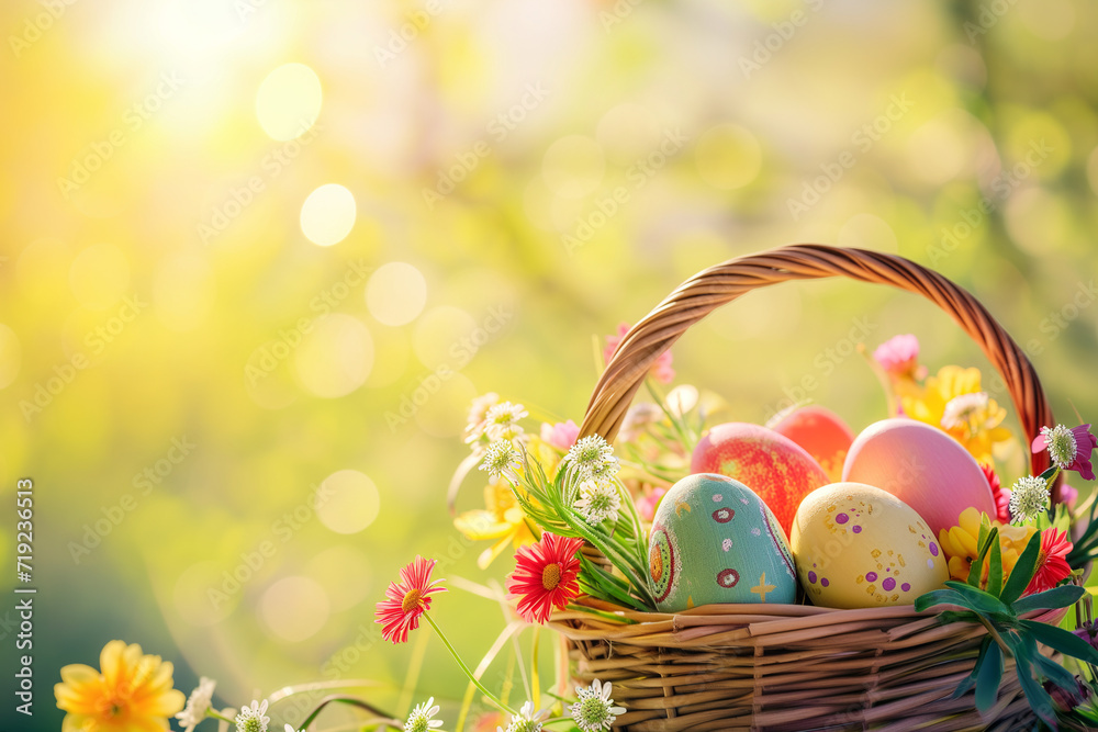 Easter composition with painted eggs in a basket with spring flowers on a blurred background with sunlight Easter composition with painted eggs in a basket with spring flowers on a blurred background with sunlight