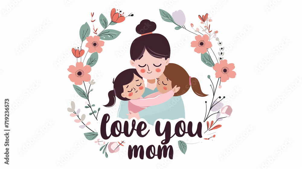 Holiday card for Mother's Day on a white background, vector drawing of a mother hugging a child and the inscription Holiday card for Mother's Day on a white background, vector drawing of a mother hugging a child and the inscription