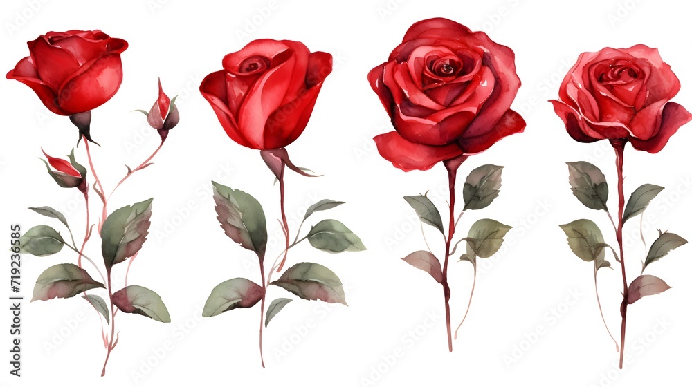 Fototapeta premium Set of red roses isolated on white background watercolor illustration