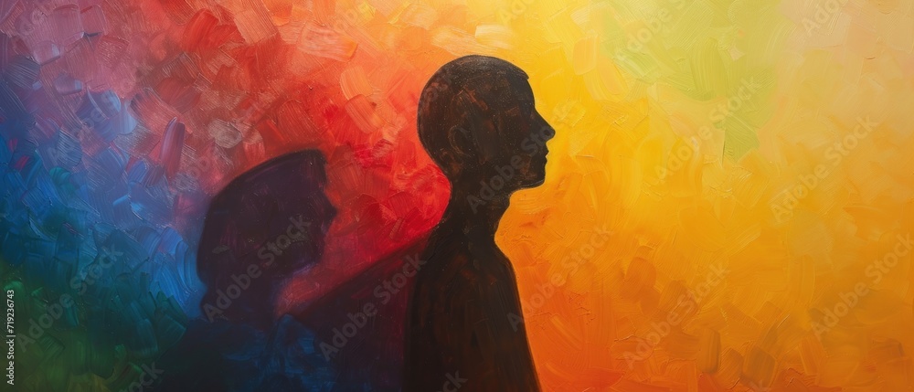 An abstract portrait featuring a person whose shadow is painted in a spectrum of rainbow colors. Abstract paiting of person with shadow, colorful 