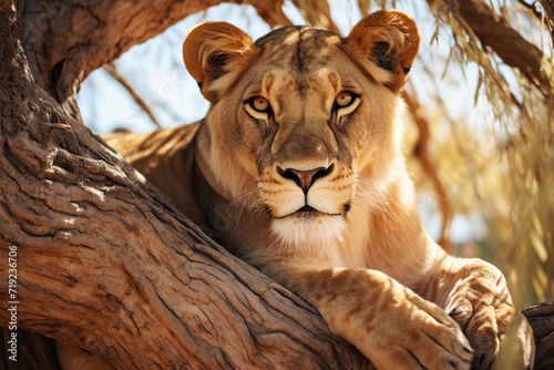 Beautiful lioness resting under the shade of a tree in the African savannah,