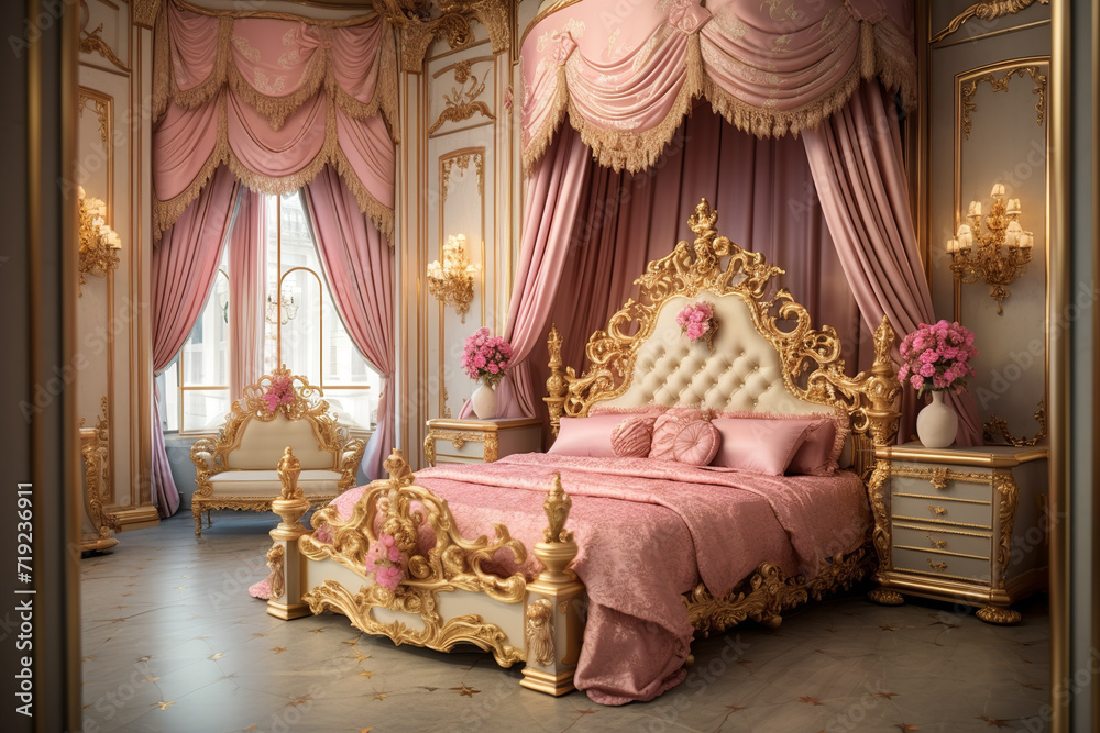 Princess, doll like bedroom in royal house. Princess, doll like bedroom in royal house.