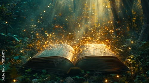 Enchanted book in a magical forest with whimsical fairy lights