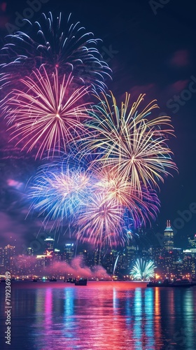 An enchanting display of fireworks illuminates the night sky over the city.