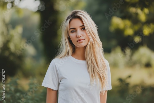 a young blonde woman wearing a plain white t-shirt mockup