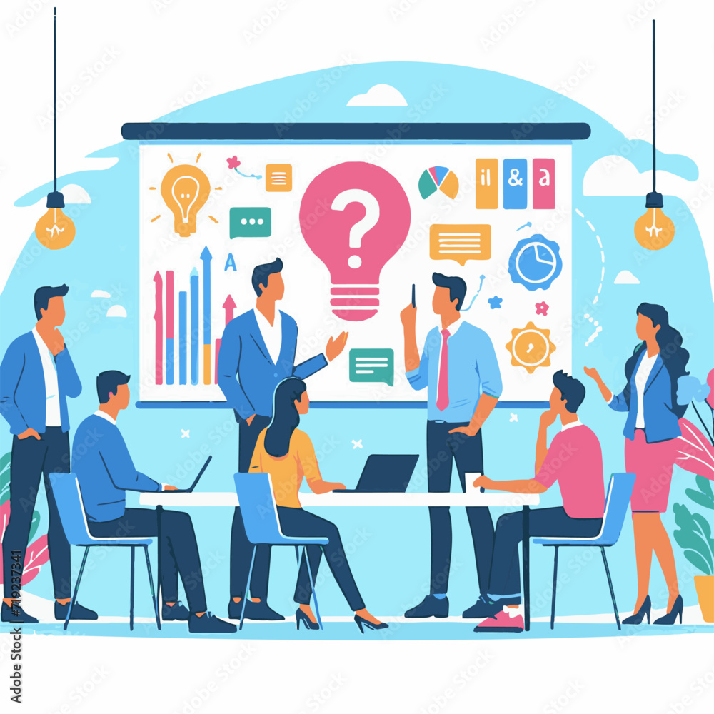 A flat illustration. Employees at the meeting discuss business problems A flat illustration. Employees at the meeting discuss business problems