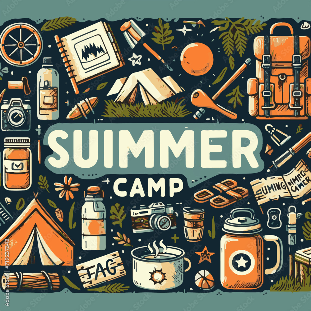 Obraz premium A flat illustration. Poster of the summer youth camp