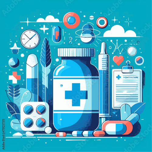 A flat illustration.  Pills, medicines and other medical items
