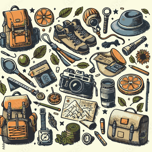 A flat illustration.   icons of items needed in a summer hike