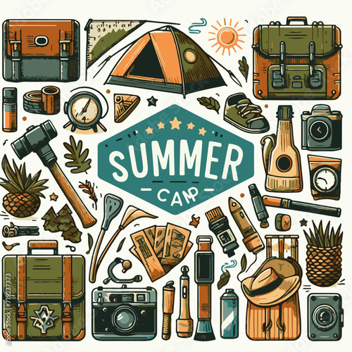 A flat illustration.  Summer Camp icons of items needed at a summer camp or on a hike
