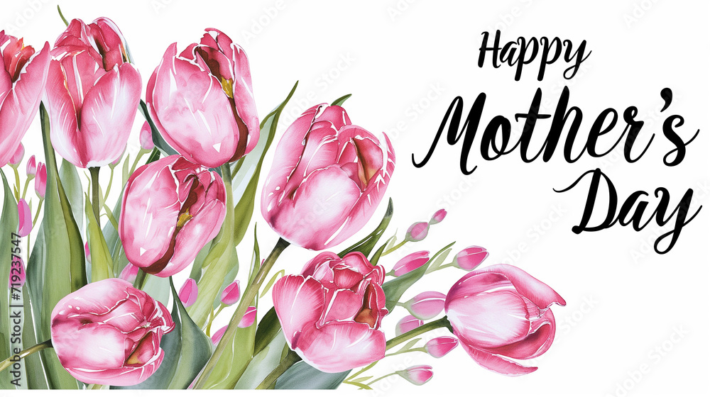 Fototapeta premium Holiday card for Mother's Day on a white background with watercolor pink tulips and the inscription 