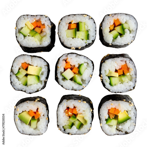Top view of fresh tasty vegetarian sushi set on a transparent background.