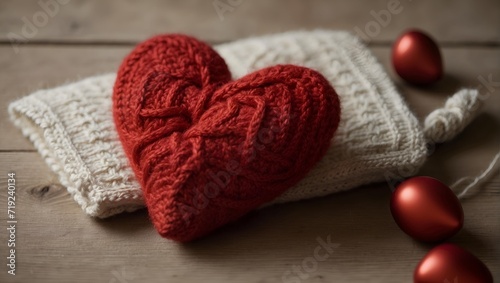 hand-knitted red heart on a wooden background