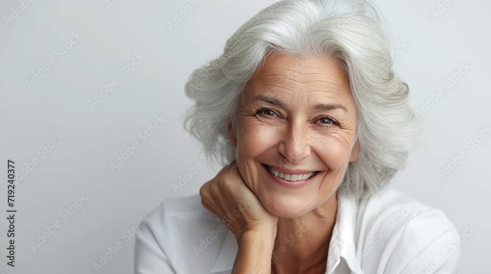 Smiling Older Woman With White Hair. Generative AI.
