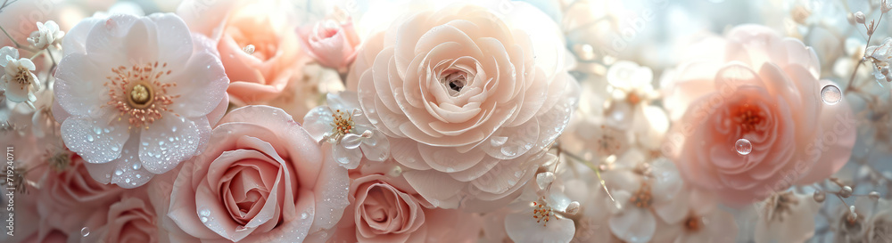 Fototapeta premium Romantic Pink Wedding Rose Blossom on White Floral Background, Love and Nature Abstract Bouquet Decoration