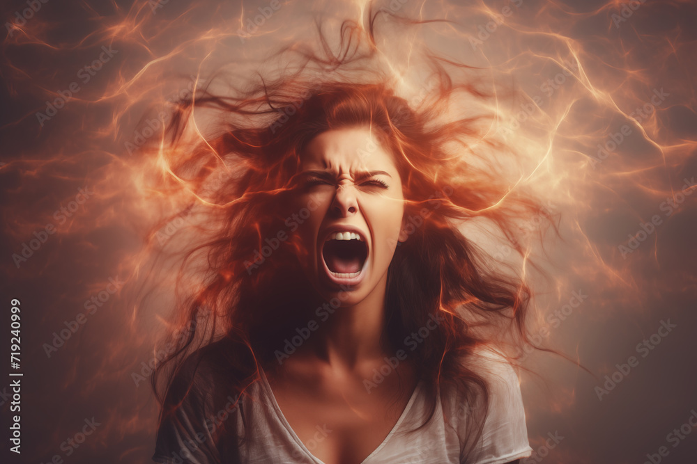Angry furious screaming woman in casual clothes with discharges of flashes around her. Expression of Negative emotions, hate and aggression. Inability to control emotions in conflicts. Mental health