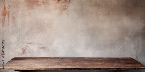 Table made of wood against grungy wall background.