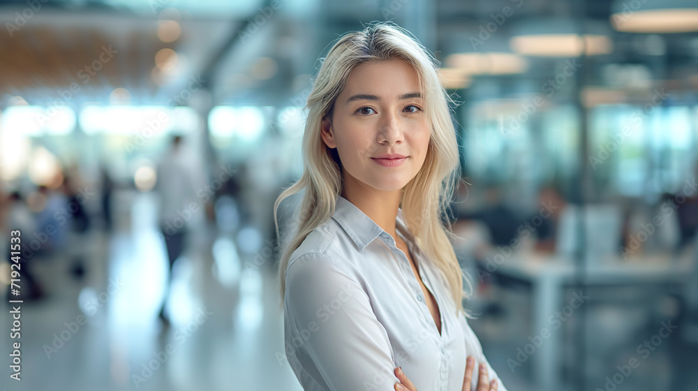 Woman Standing With Arms Crossed in Lobby. Generative AI. Woman Standing With Arms Crossed in Lobby. Generative AI.